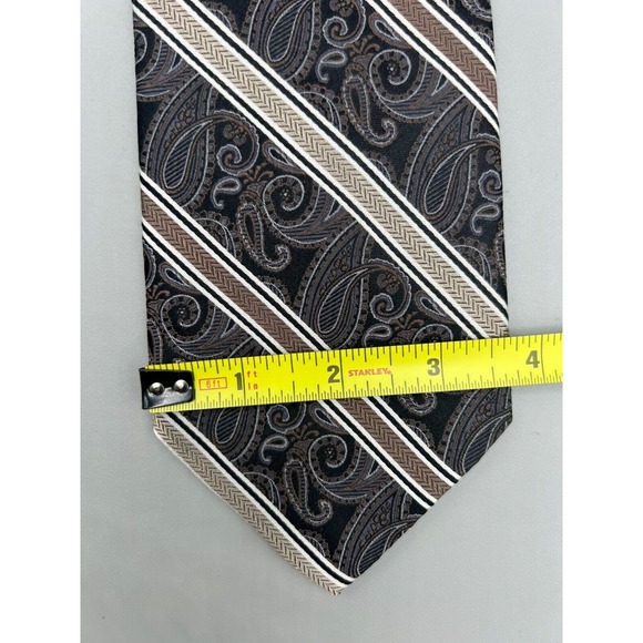 PRONTO UOMO 100% Silk Necktie Paisley Striped Black Brown Stripe L:60" W:3.75" - Picture 10 of 10